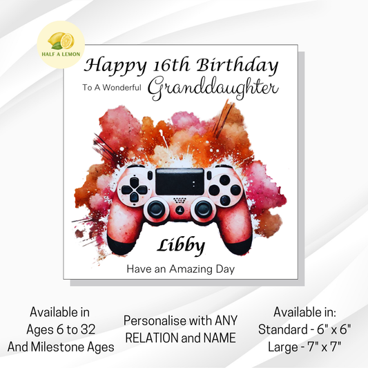 Personalised Gamer Girl Birthday Card - Can be customised for ANY Relative and ANY Age - Available in Standard or Large sizes