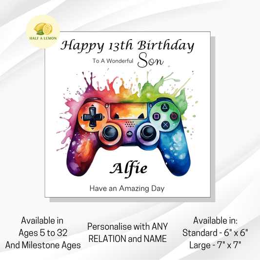 Personalised Gamer Boy Birthday Card - Can be customised for ANY Relation and ANY Age - Available in Standard and Large size