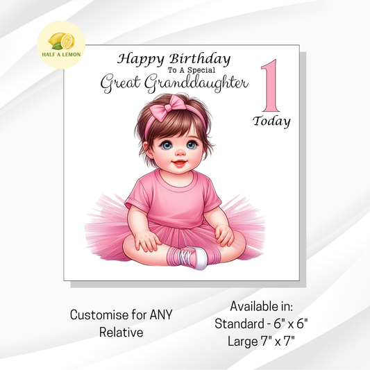 1st Birthday Card for Great Granddaughter - Personalised Baby Girl Design