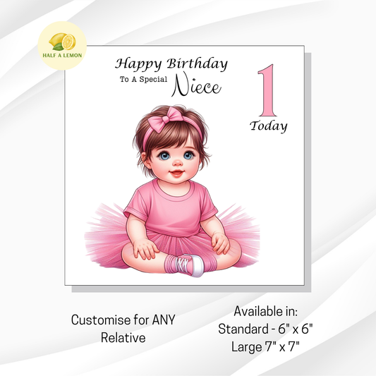 1st Birthday Card for Niece - Personalised Baby Girl Design