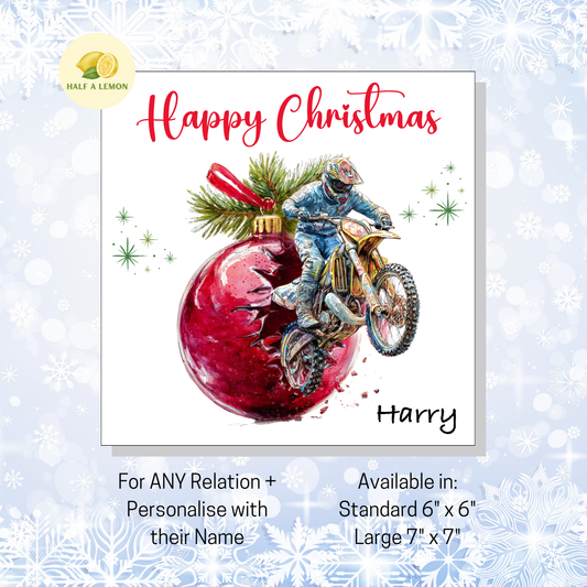 Personalised Dirt Bike and Red Bauble Christmas Card For A Special Friend, For Any Relation, Gift for Him