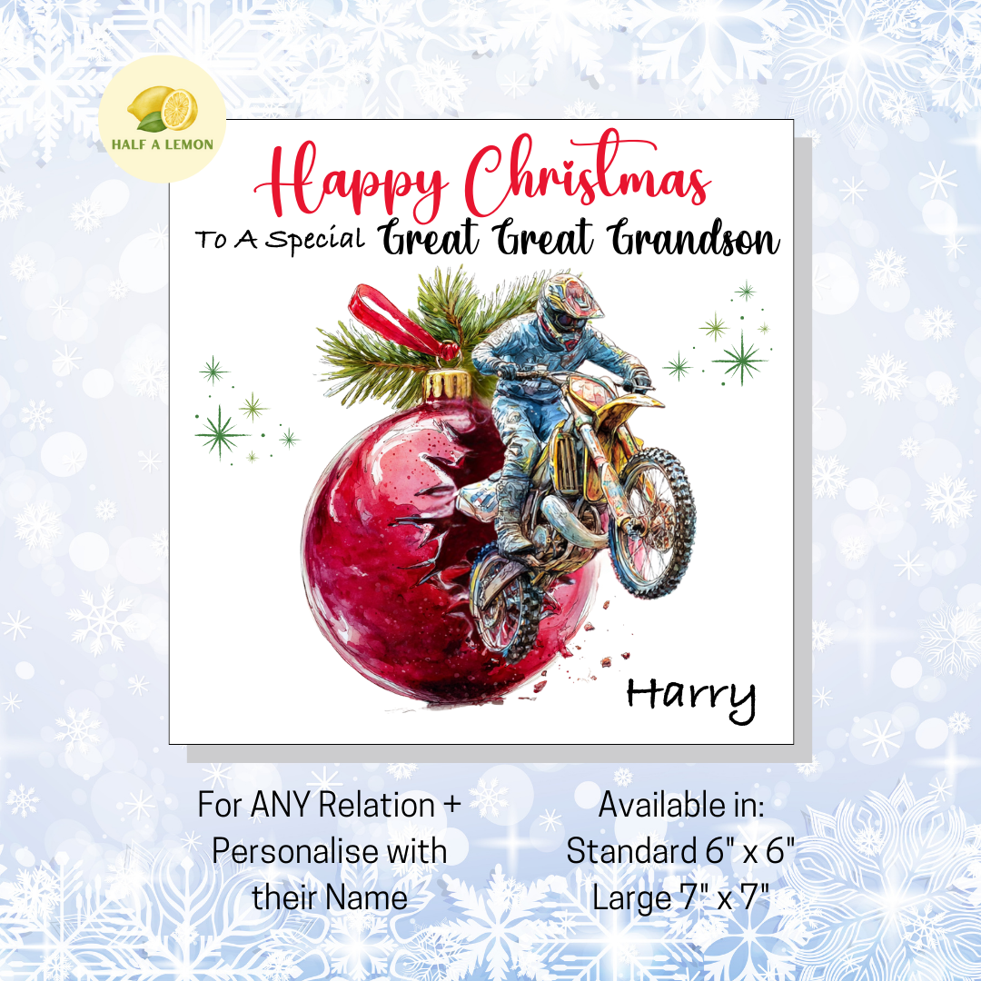 Personalised Dirt Bike and Red Bauble Christmas Card For Great Great Grandson, For Any Relation, Gift for Him