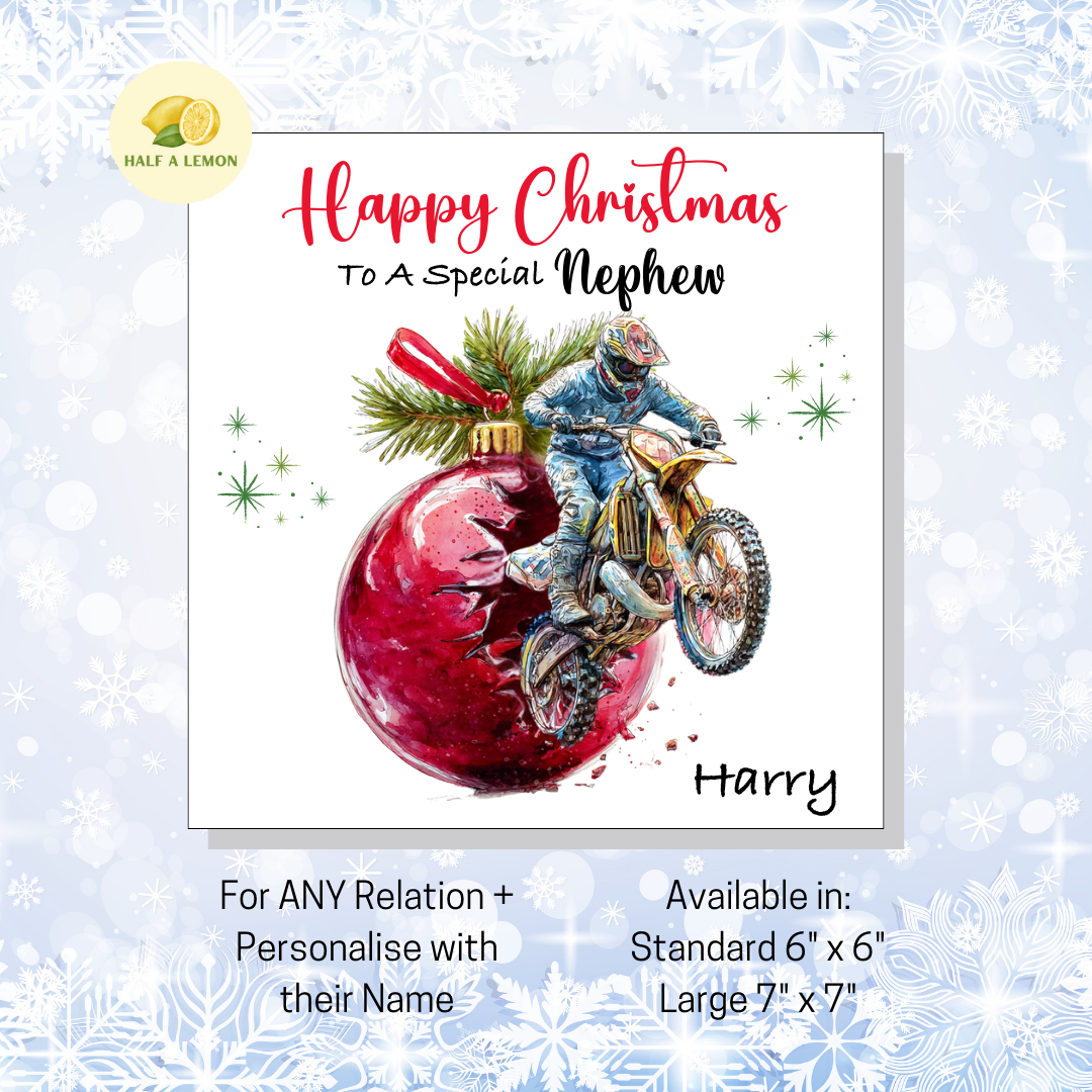 Personalised Dirt Bike and Red Bauble Christmas Card For Nephew, For Any Relation, Gift for Him