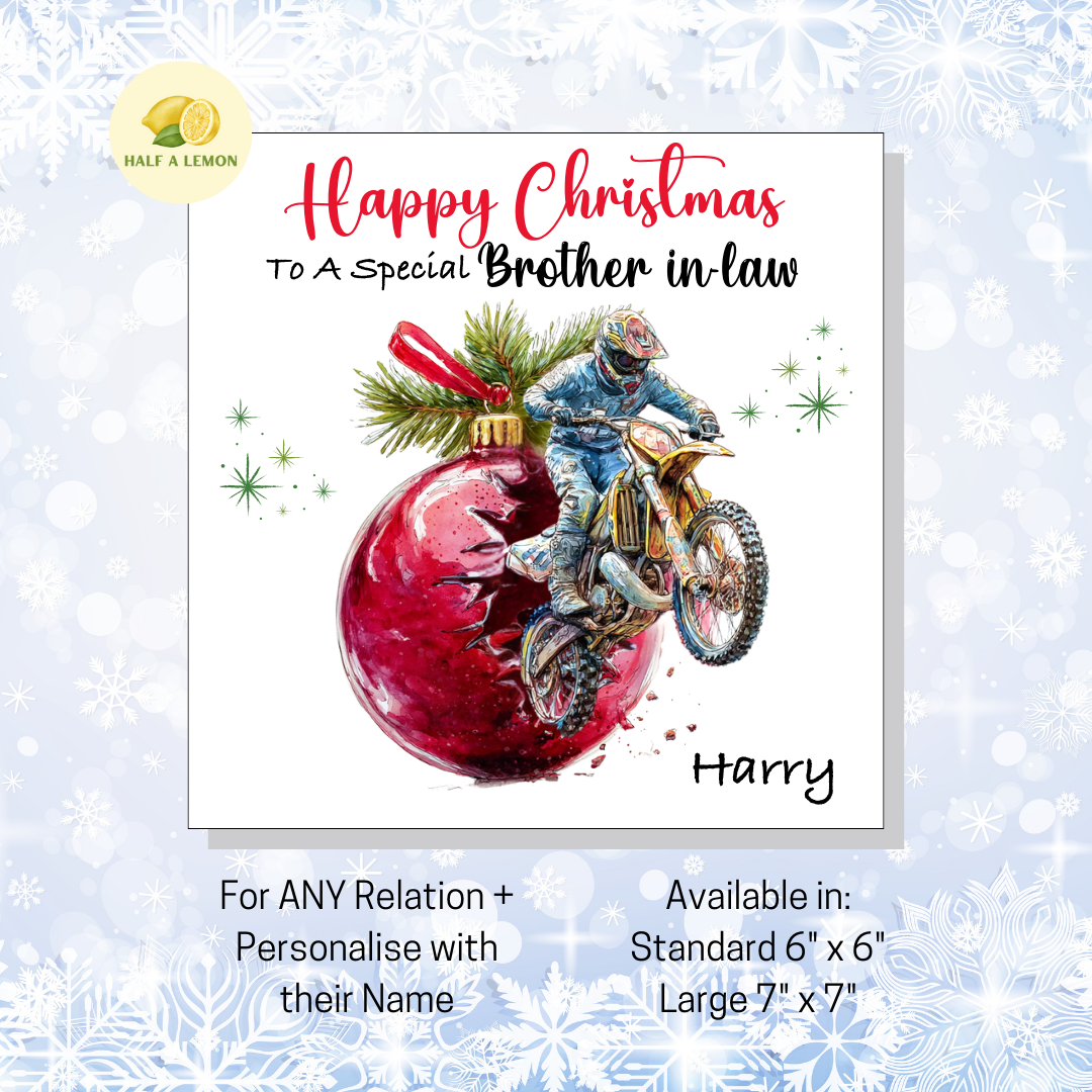 Personalised Dirt Bike and Red Bauble Christmas Card For Brother in Law, For Any Relation, Gift for Him