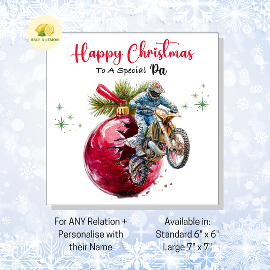 Personalised Dirt Bike and Red Bauble Christmas Card For Pa, For Any Relation, Gift for Him