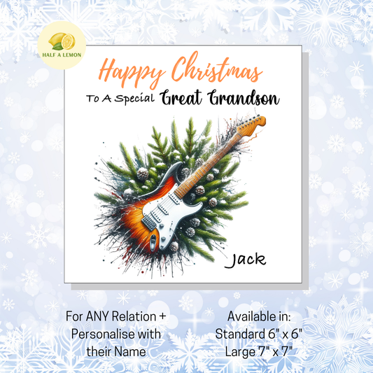 Personalised Electric Guitar Christmas Card For Great Grandson, Any Relation, Gift for Him