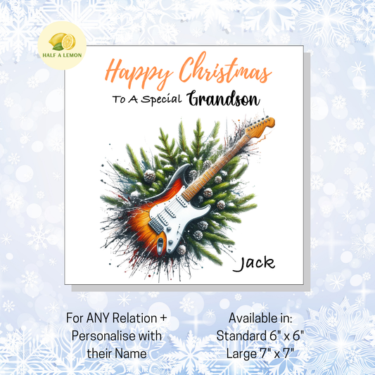 Personalised Electric Guitar Christmas Card For Grandson, Any Relation, Gift for Him
