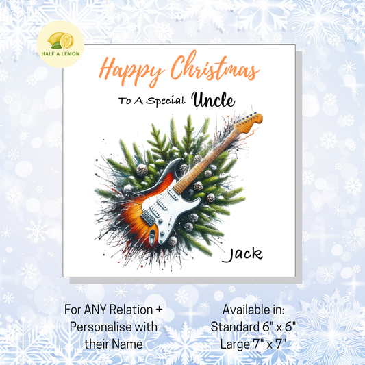 Personalised Electric Guitar Christmas Card For Uncle, Any Relation, Gift for Him
