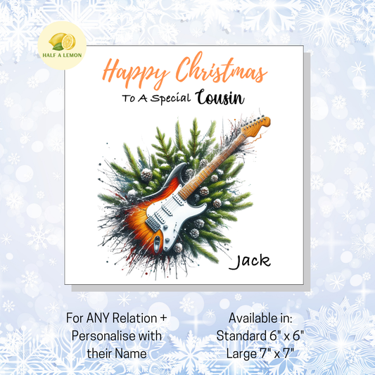 Personalised Electric Guitar Christmas Card For Cousin, Any Relation, Gift for Him