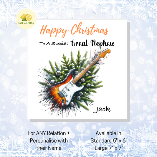Personalised Electric Guitar Christmas Card For Great Nephew, Any Relation, Gift for Him