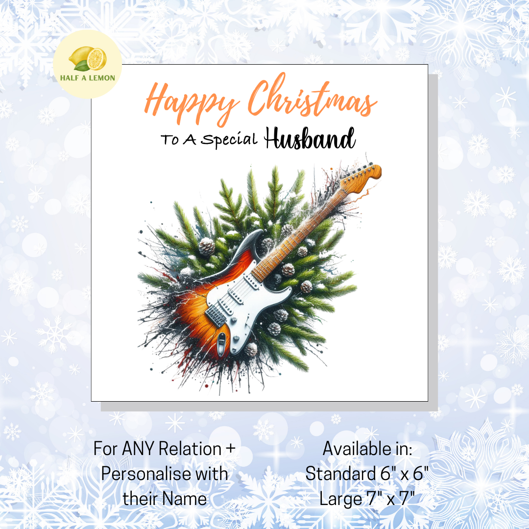Personalised Electric Guitar Christmas Card For Husband, Any Relation, Gift for Him