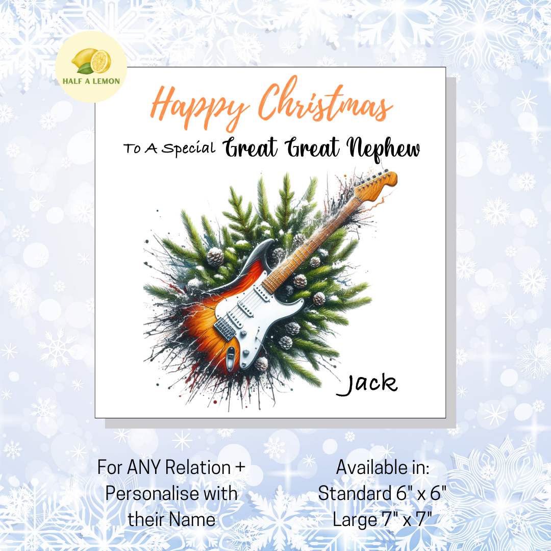 Personalised Electric Guitar Christmas Card For Great Great Nephew, Any Relation, Gift for Him