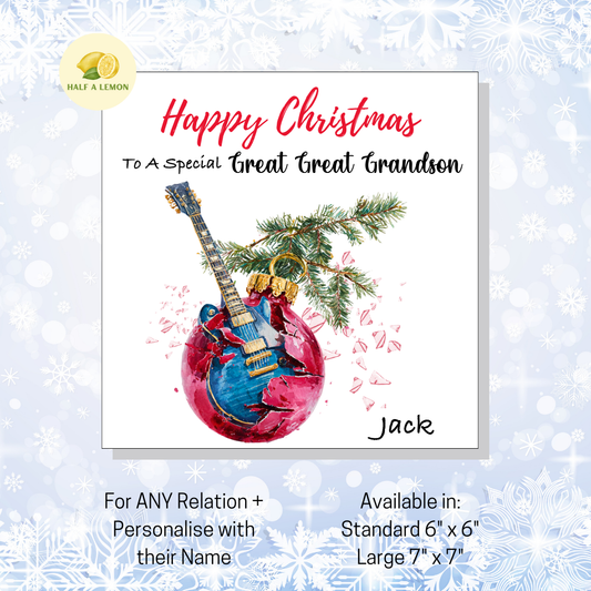 Personalised Electric Guitar Christmas Card For Great Great Grandson, For Any Relation, Gift for Him