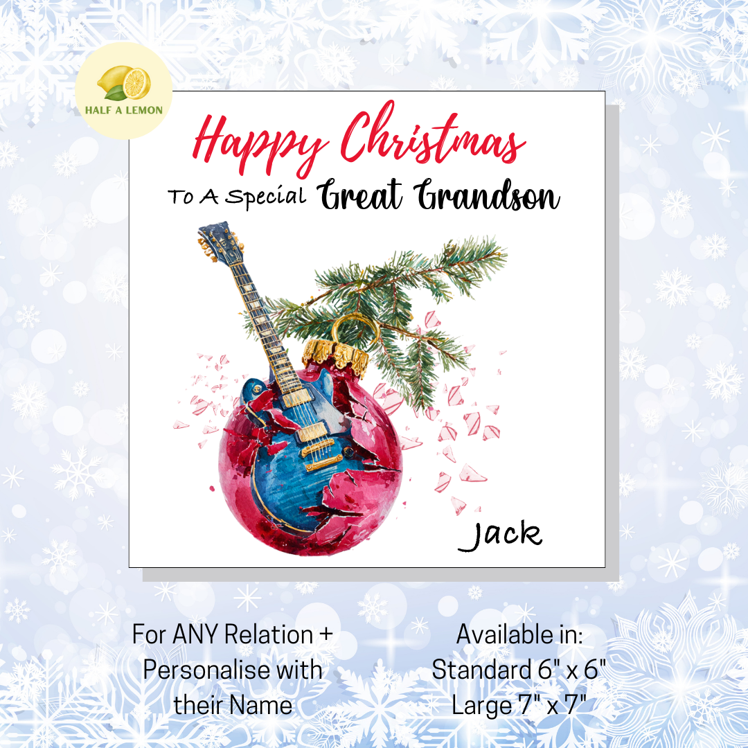 Personalised Electric Guitar Christmas Card For Great Grandson, For Any Relation, Gift for Him