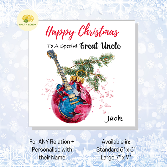 Personalised Electric Guitar Christmas Card For Great Uncle, For Any Relation, Gift for Him