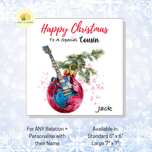 Personalised Electric Guitar Christmas Card For Cousin, For Any Relation, Gift for Him