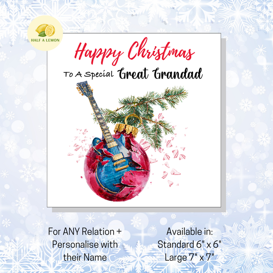 Personalised Electric Guitar Christmas Card For Great Grandad, For Any Relation, Gift for Him