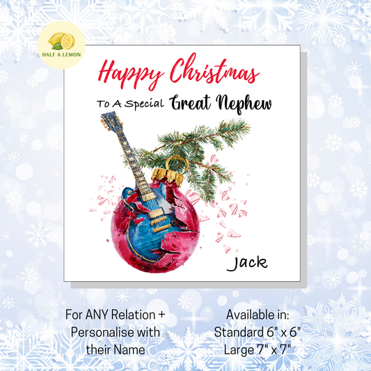 Personalised Electric Guitar Christmas Card For Great Nephew, For Any Relation, Gift for Him