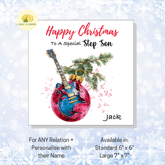 Personalised Electric Guitar Christmas Card For Step Son, For Any Relation, Gift for Him