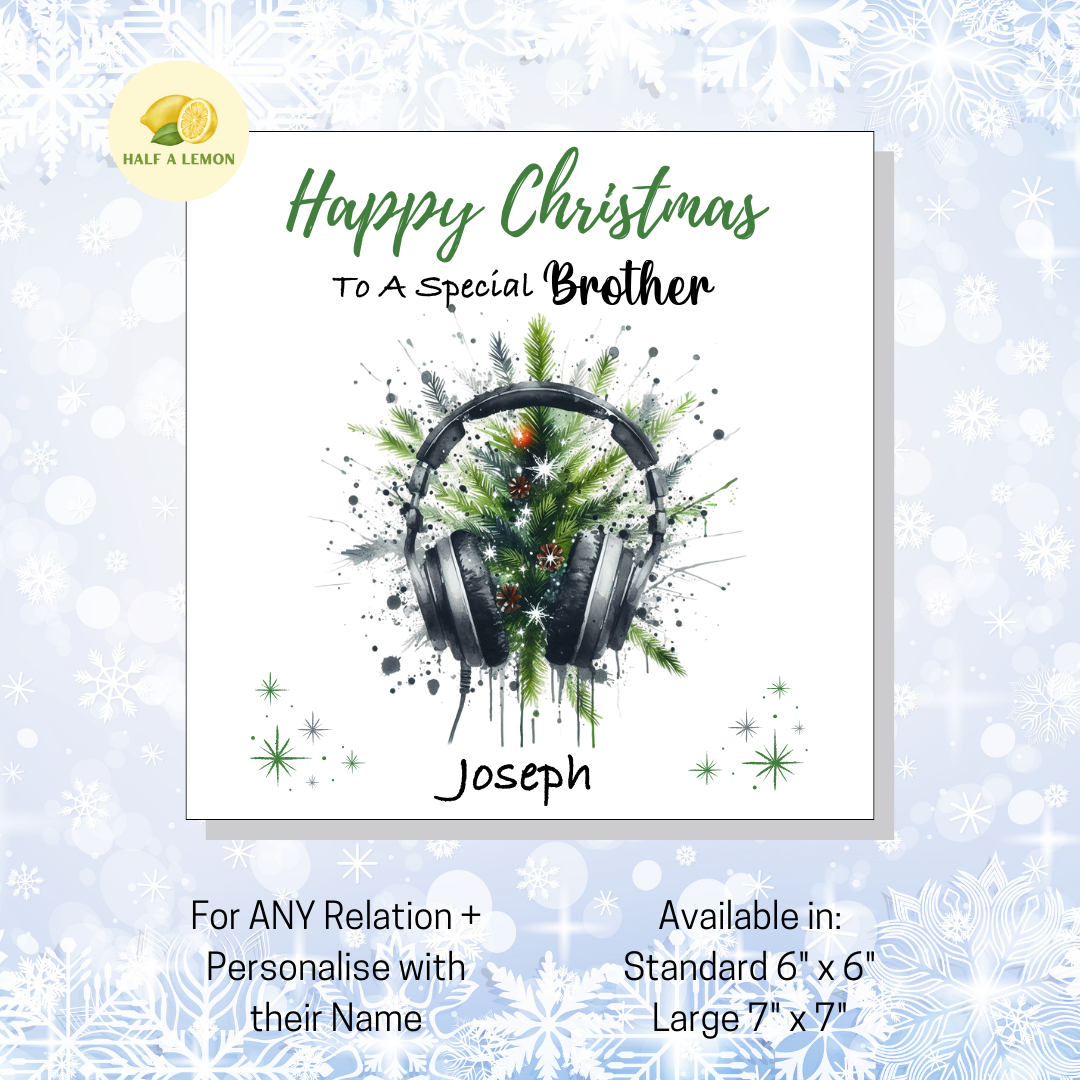 Personalised Headphones and Christmas Tree Christmas Card For Brother, For Any Relation, Gift for Him