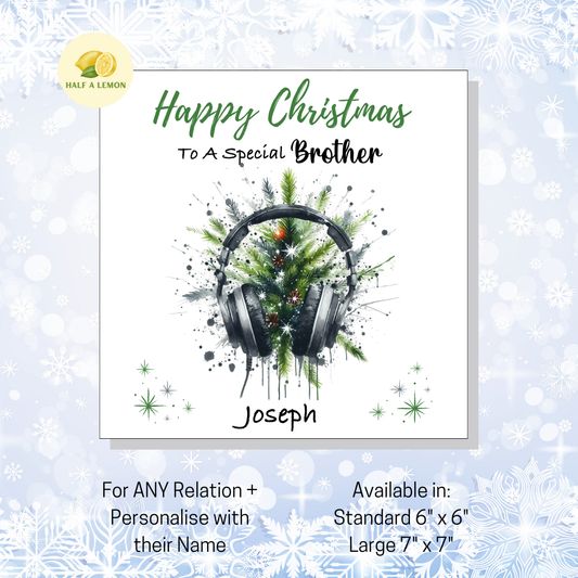 Personalised Headphones and Christmas Tree Christmas Card For Brother, For Any Relation, Gift for Him