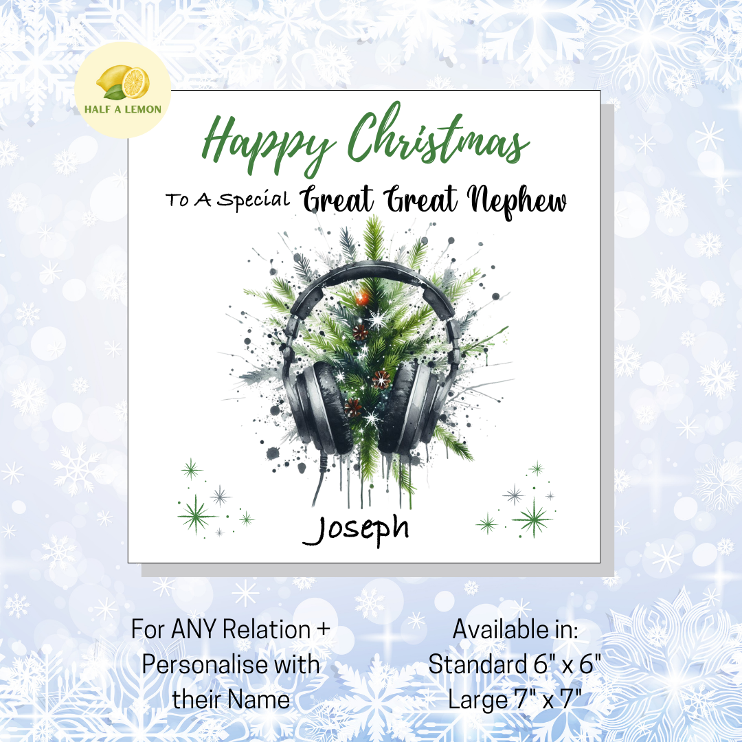 Personalised Headphones and Christmas Tree Christmas Card For Great Great Nephew, For Any Relation, Gift for Him