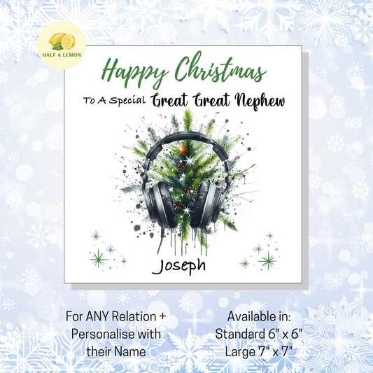 Personalised Headphones and Christmas Tree Christmas Card For Great Great Nephew, For Any Relation, Gift for Him