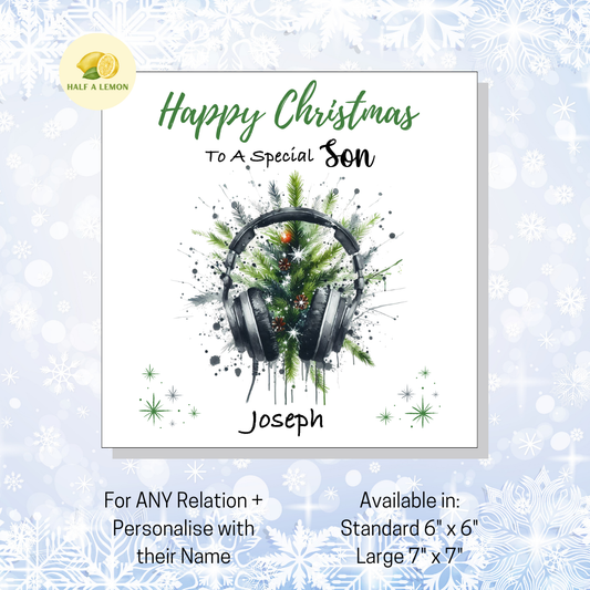 Personalised Headphones and Christmas Tree Christmas Card For Son, For Any Relation, Gift for Him