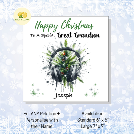 Personalised Headphones and Christmas Tree Christmas Card For Great Grandson, For Any Relation, Gift for Him