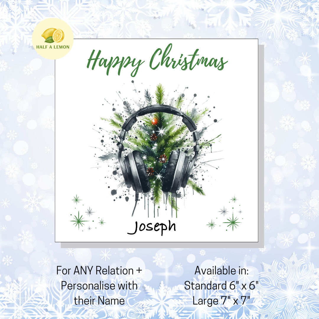 Personalised Headphones and Christmas Tree Christmas Card For A Special Friend, For Any Relation, Gift for Him