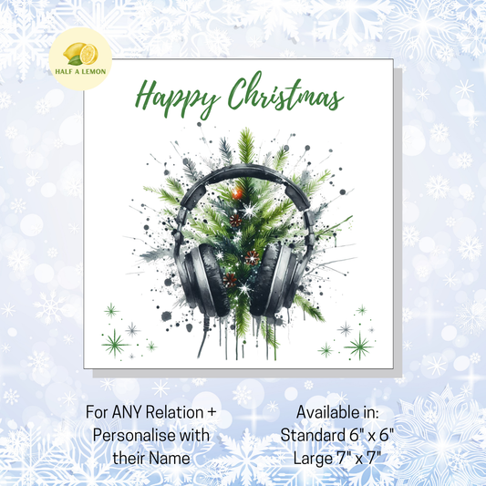 Personalised Headphones and Christmas Tree Christmas Card For Any Relation, Gift for Him