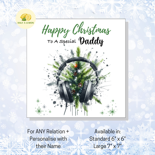 Personalised Headphones and Christmas Tree Christmas Card For Daddy, For Any Relation, Gift for Him