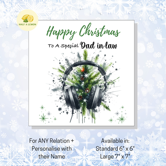 Personalised Headphones and Christmas Tree Christmas Card For Dad in Law, For Any Relation, Gift for Him