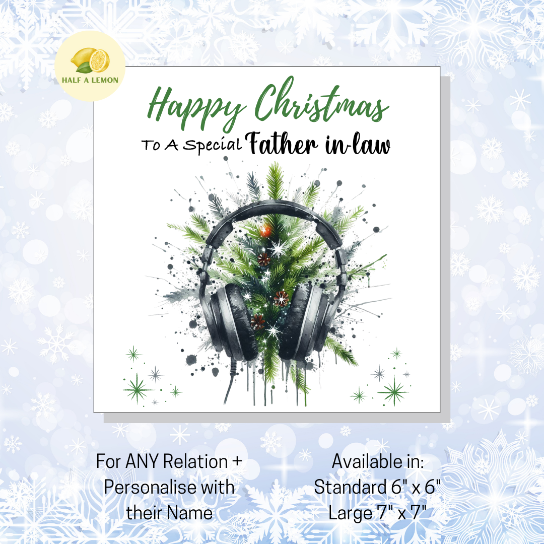 Personalised Headphones and Christmas Tree Christmas Card For Father in Law, For Any Relation, Gift for Him
