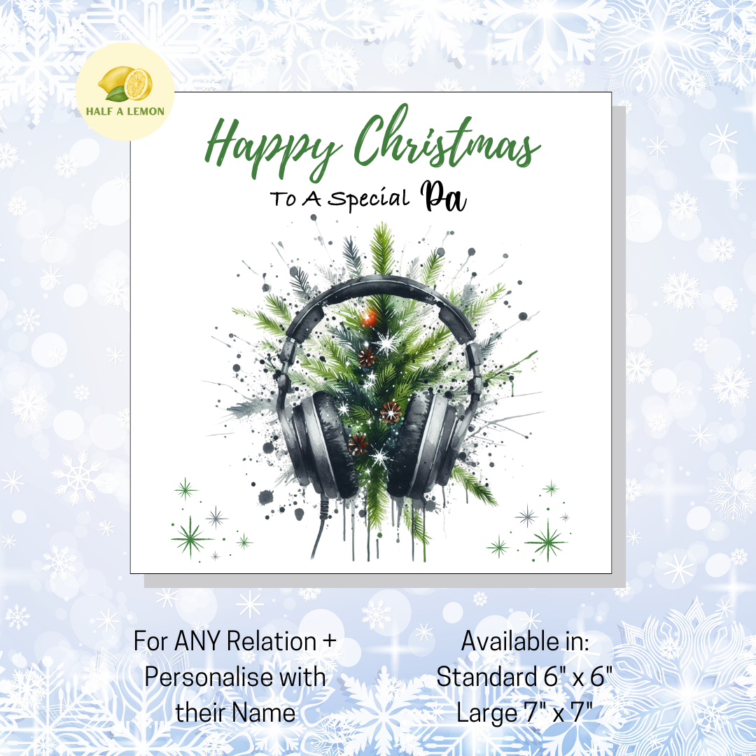 Personalised Headphones and Christmas Tree Christmas Card For Pa, For Any Relation, Gift for Him