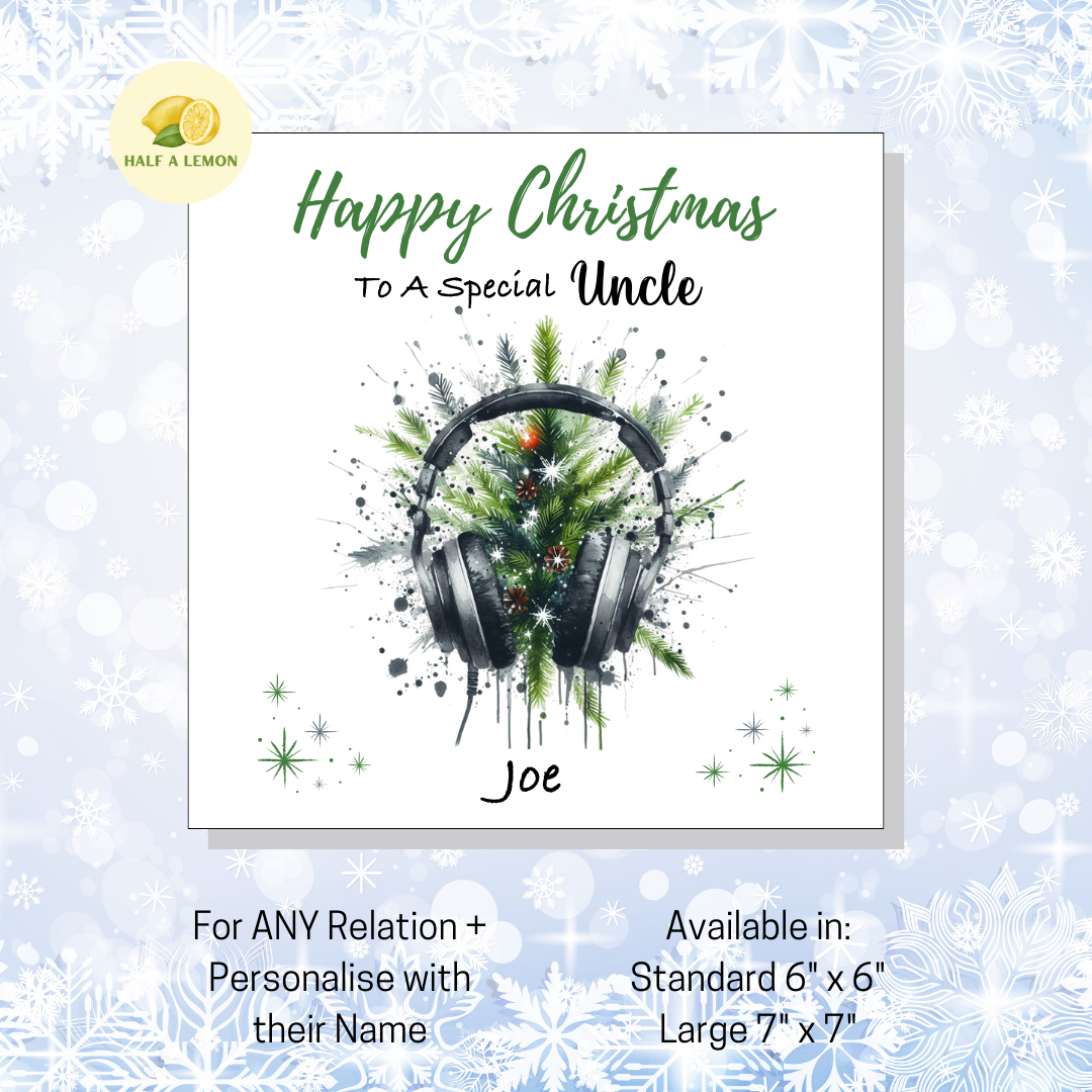 Personalised Headphones and Christmas Tree Christmas Card For Uncle, For Any Relation, Gift for Him
