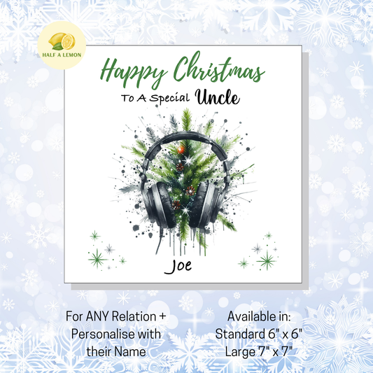 Personalised Headphones and Christmas Tree Christmas Card For Uncle, For Any Relation, Gift for Him