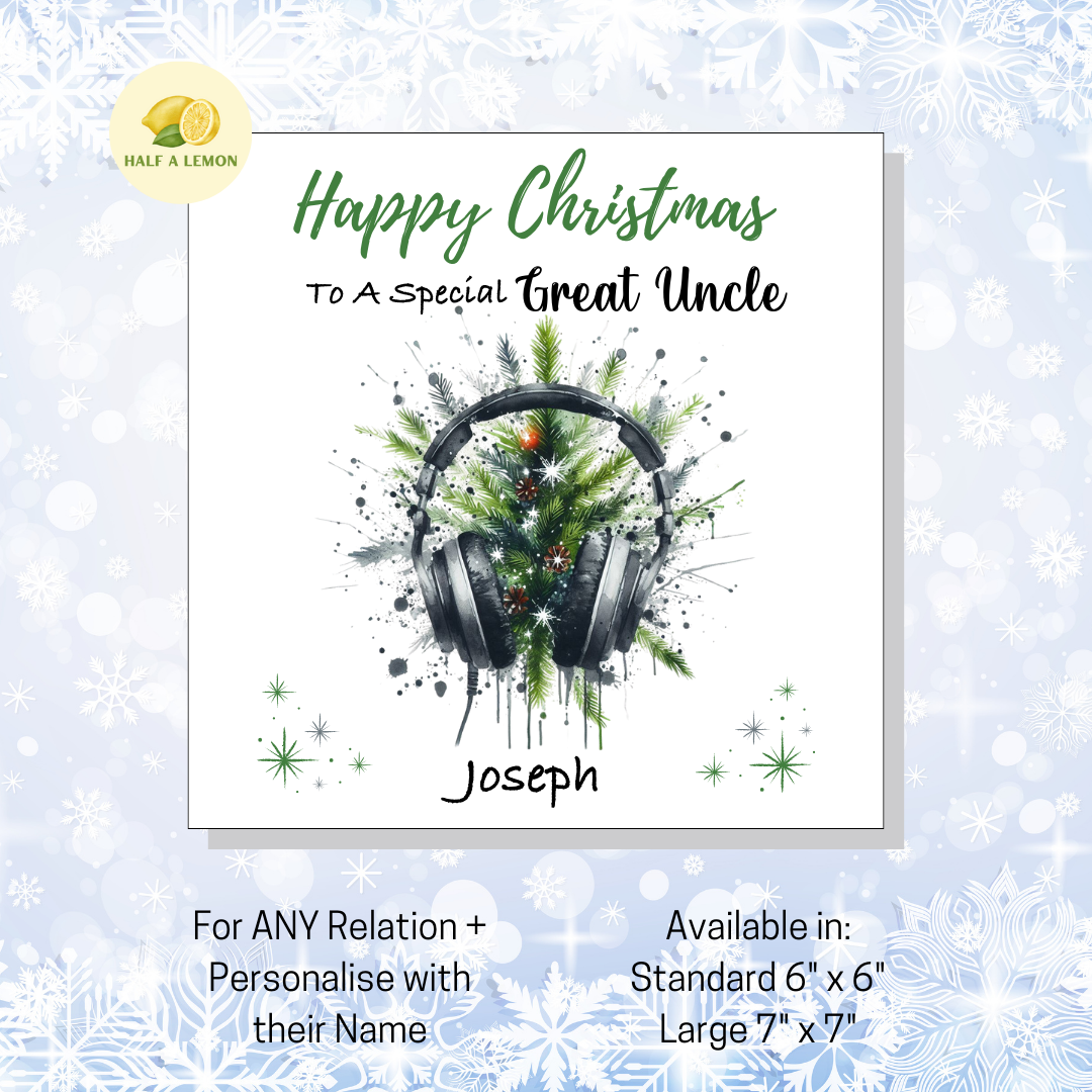 Personalised Headphones and Christmas Tree Christmas Card For Great Uncle, For Any Relation, Gift for Him