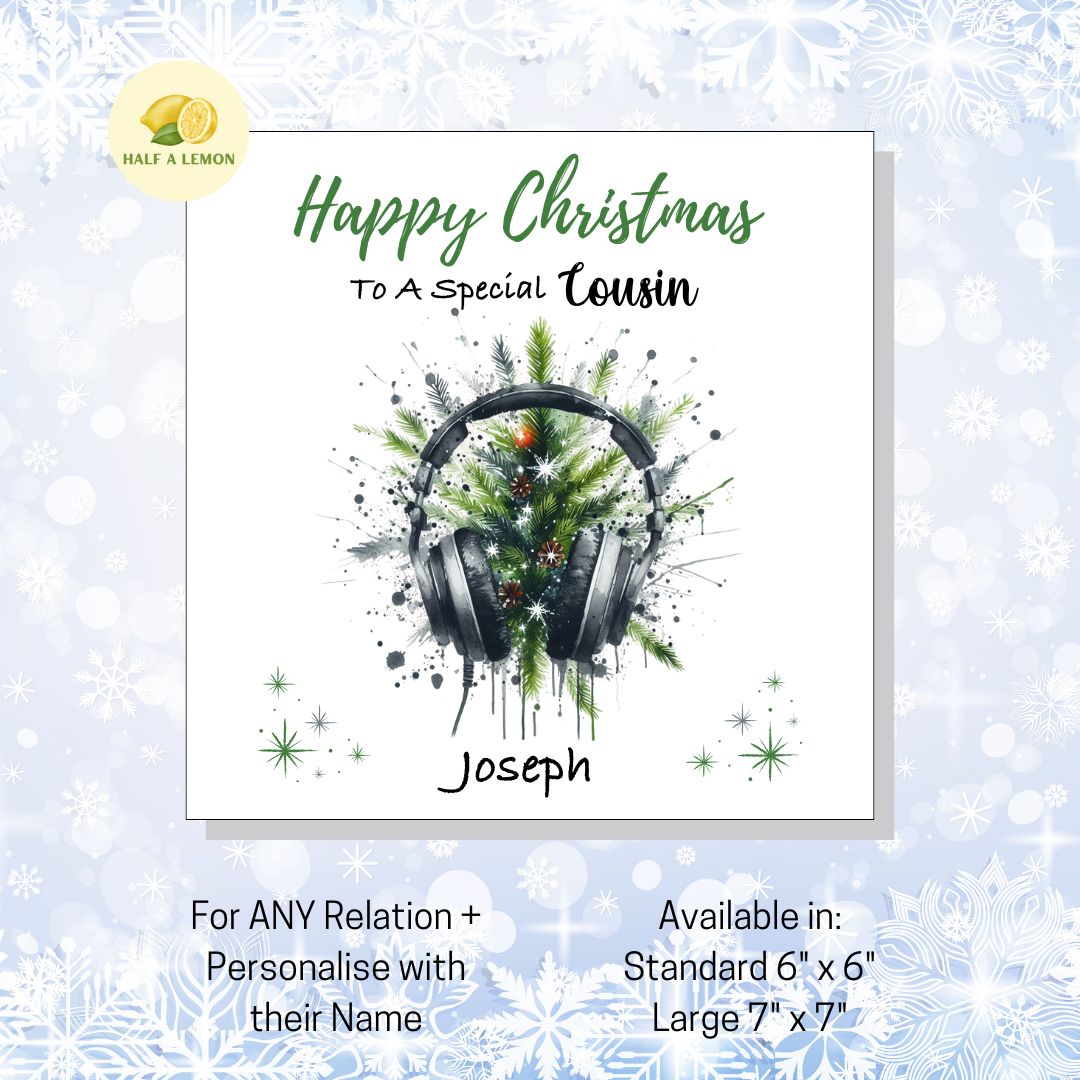 Personalised Headphones and Christmas Tree Christmas Card For Cousin, For Any Relation, Gift for Him