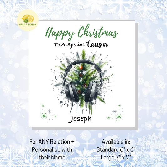 Personalised Headphones and Christmas Tree Christmas Card For Cousin, For Any Relation, Gift for Him