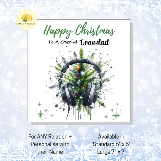 Personalised Headphones and Christmas Tree Christmas Card For Grandad, For Any Relation, Gift for Him