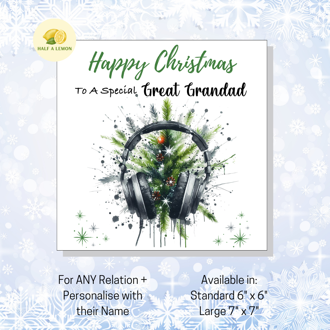 Personalised Headphones and Christmas Tree Christmas Card For Great Grandad, For Any Relation, Gift for Him