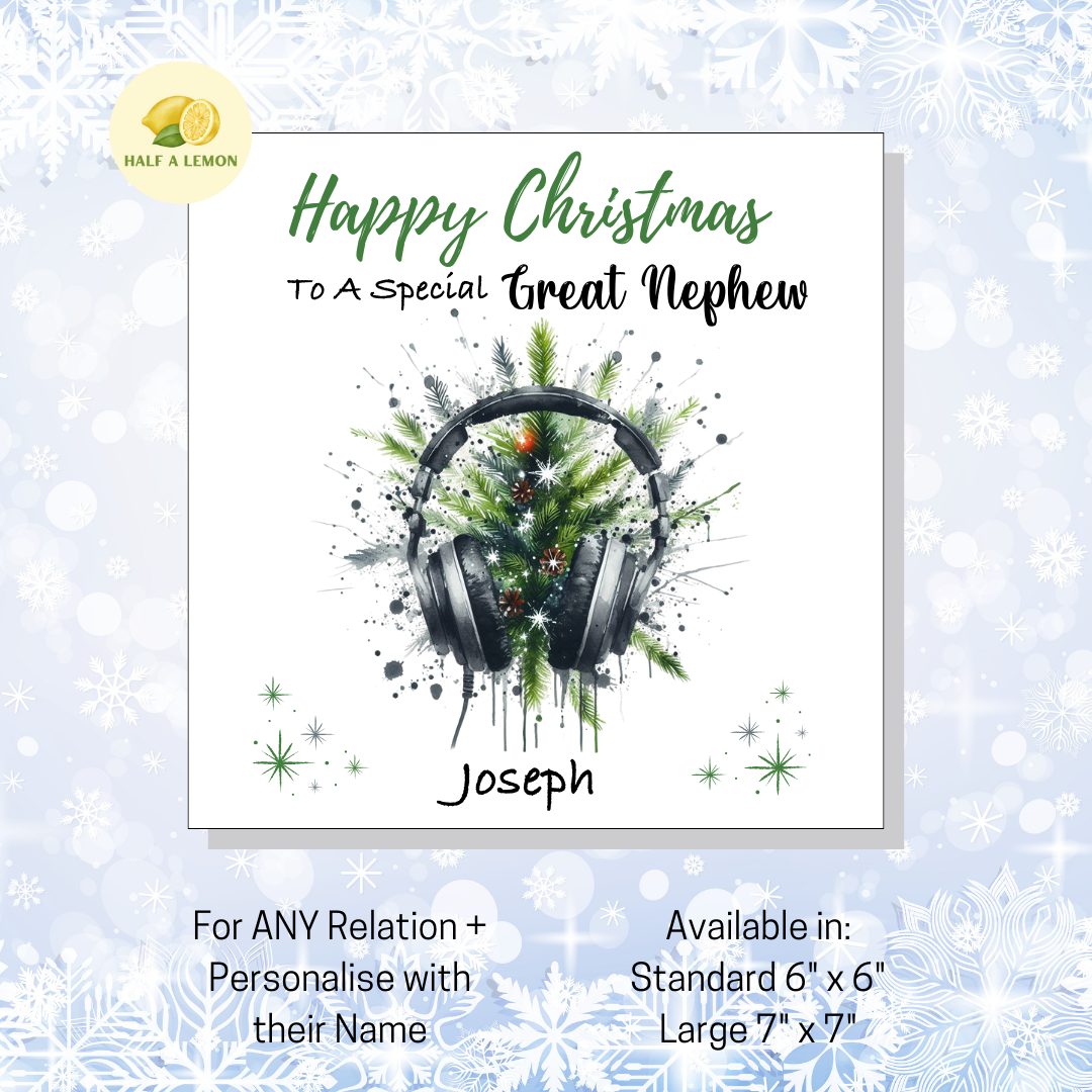 Personalised Headphones and Christmas Tree Christmas Card For Great Nephew, For Any Relation, Gift for Him