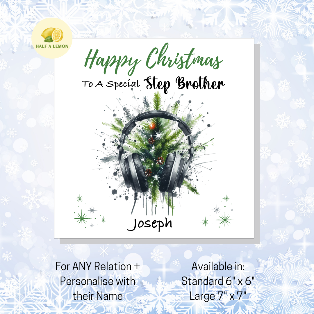 Personalised Headphones and Christmas Tree Christmas Card For Step Brother, For Any Relation, Gift for Him