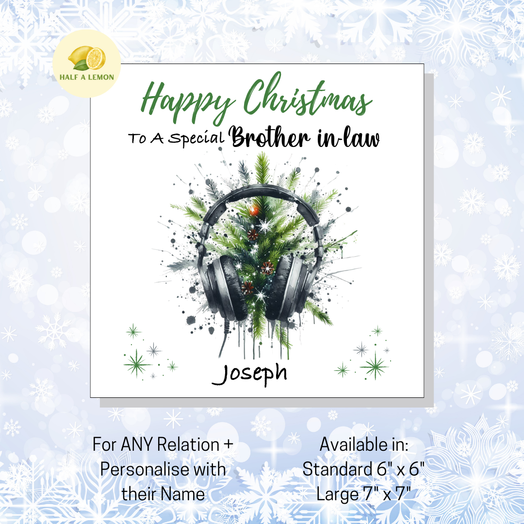Personalised Headphones and Christmas Tree Christmas Card For Brother in Law, For Any Relation, Gift for Him