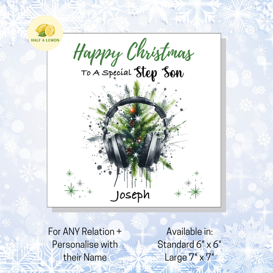 Personalised Headphones and Christmas Tree Christmas Card For Step Son, For Any Relation, Gift for Him