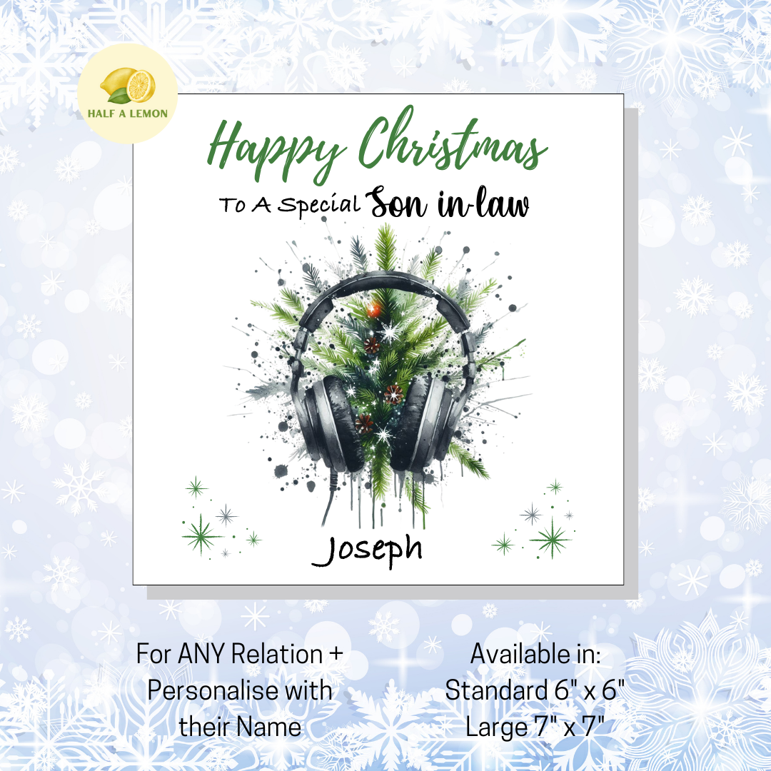 Personalised Headphones and Christmas Tree Christmas Card For Son in Law, For Any Relation, Gift for Him