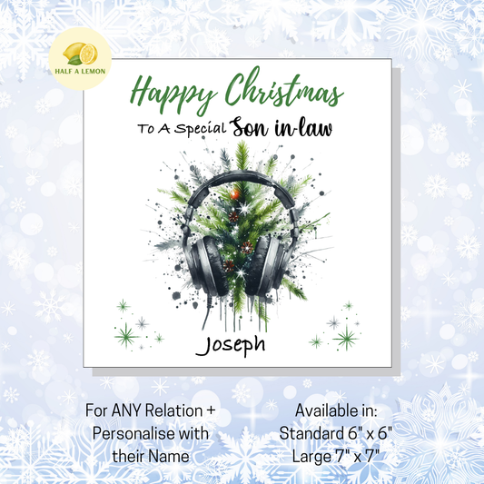 Personalised Headphones and Christmas Tree Christmas Card For Son in Law, For Any Relation, Gift for Him