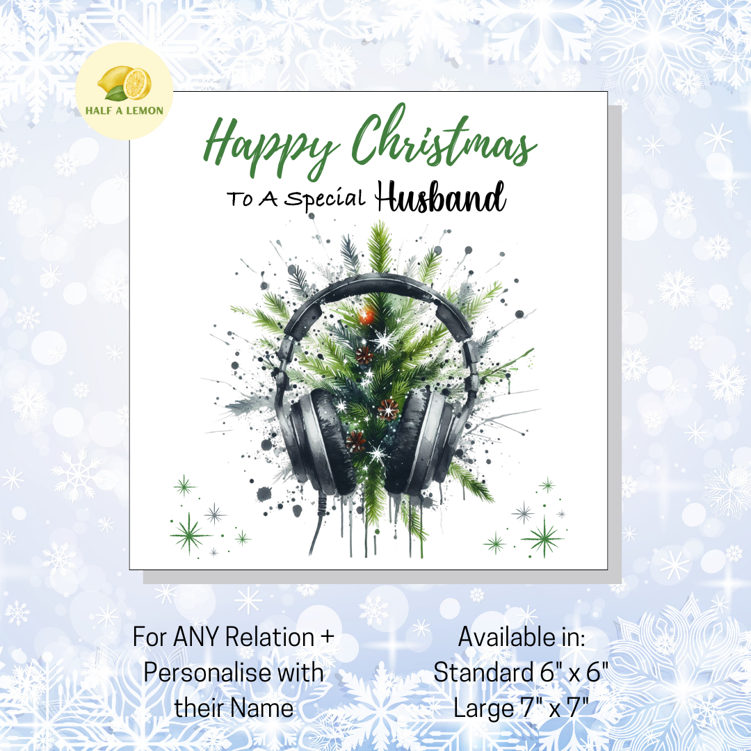 Personalised Headphones and Christmas Tree Christmas Card For Husband, For Any Relation, Gift for Him