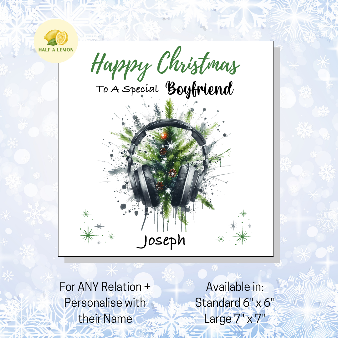 Personalised Headphones and Christmas Tree Christmas Card For Boyfriend, For Any Relation, Gift for Him
